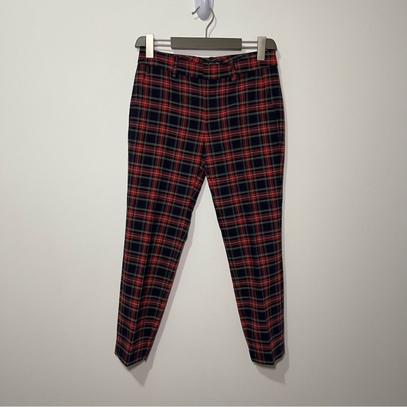 Zara Pants - Zara Women's red navy tartan holiday straight leg trouser pants in size US 4